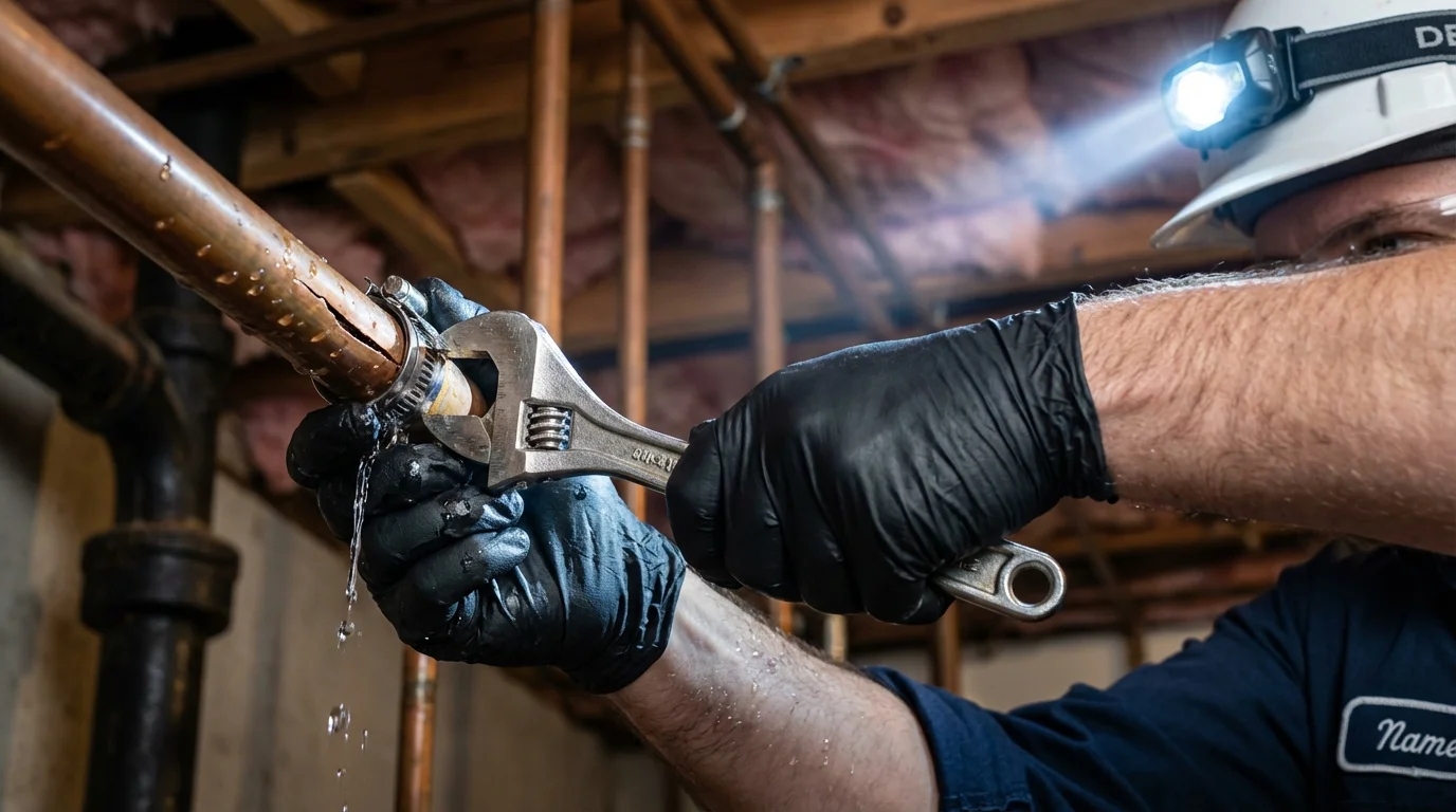 Emergency pipe clamp repair being performed by a Johns Plumbing LLC plumber in Rio Linda