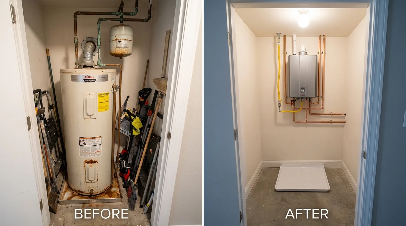 Tank water heater versus wall-mounted tankless unit comparison for Rio Linda, CA homeowners