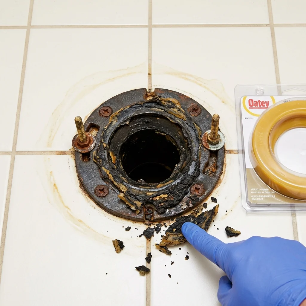 Failed wax ring showing water seepage at the base of a toilet in a Rio Linda, CA home