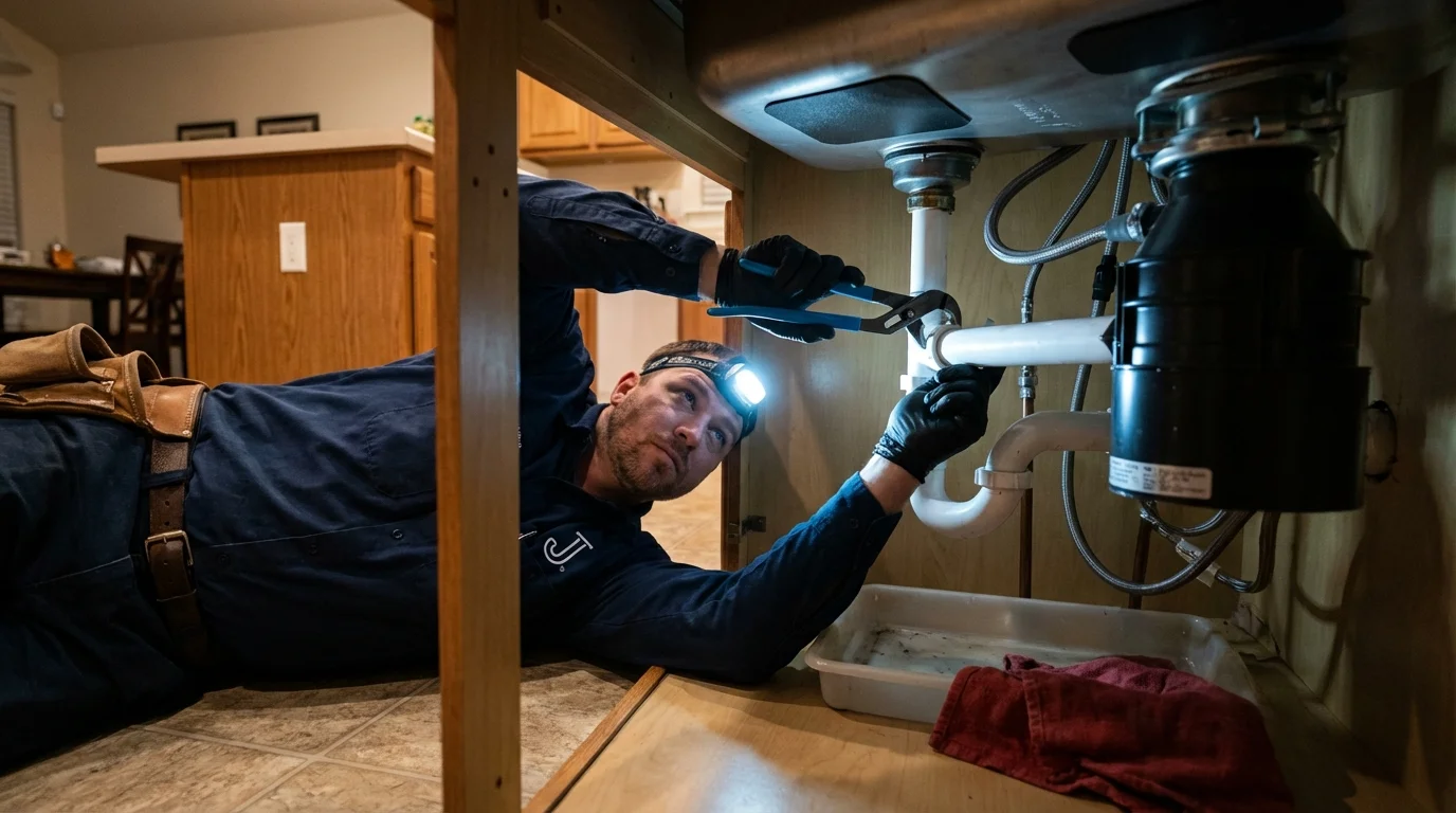 P-trap and supply line connections under a kitchen sink showing a common leak point in Rio Linda, CA